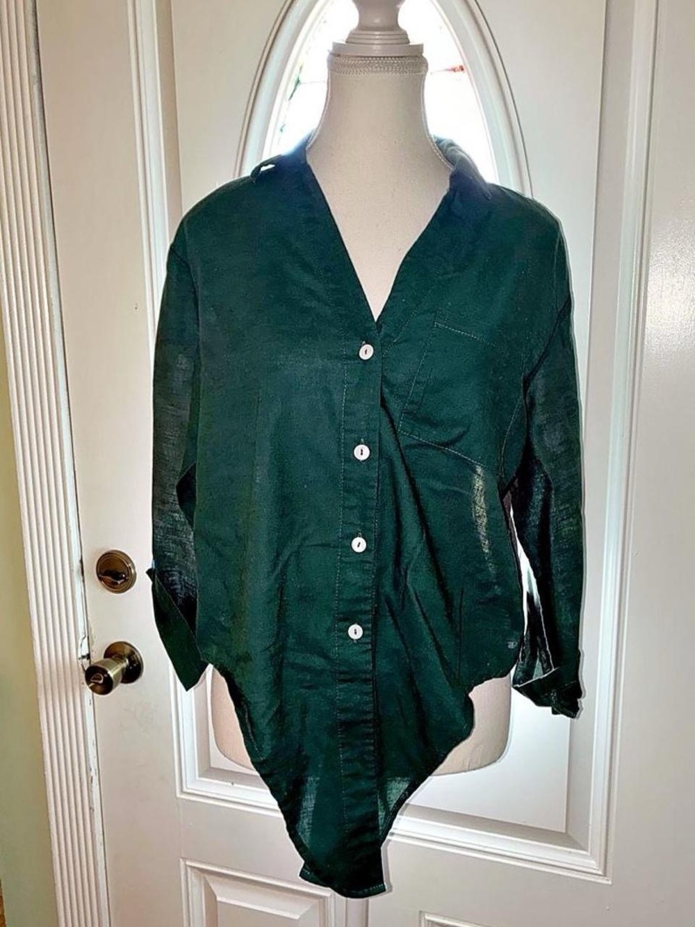 Women’s Dark Green Button-Front V-Neck Shirt